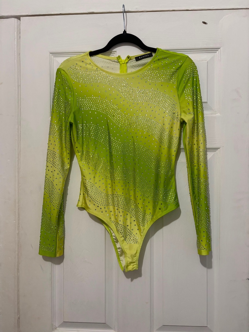 Banjul Lime Green Rhinestone Long Sleeve Bodysuit
